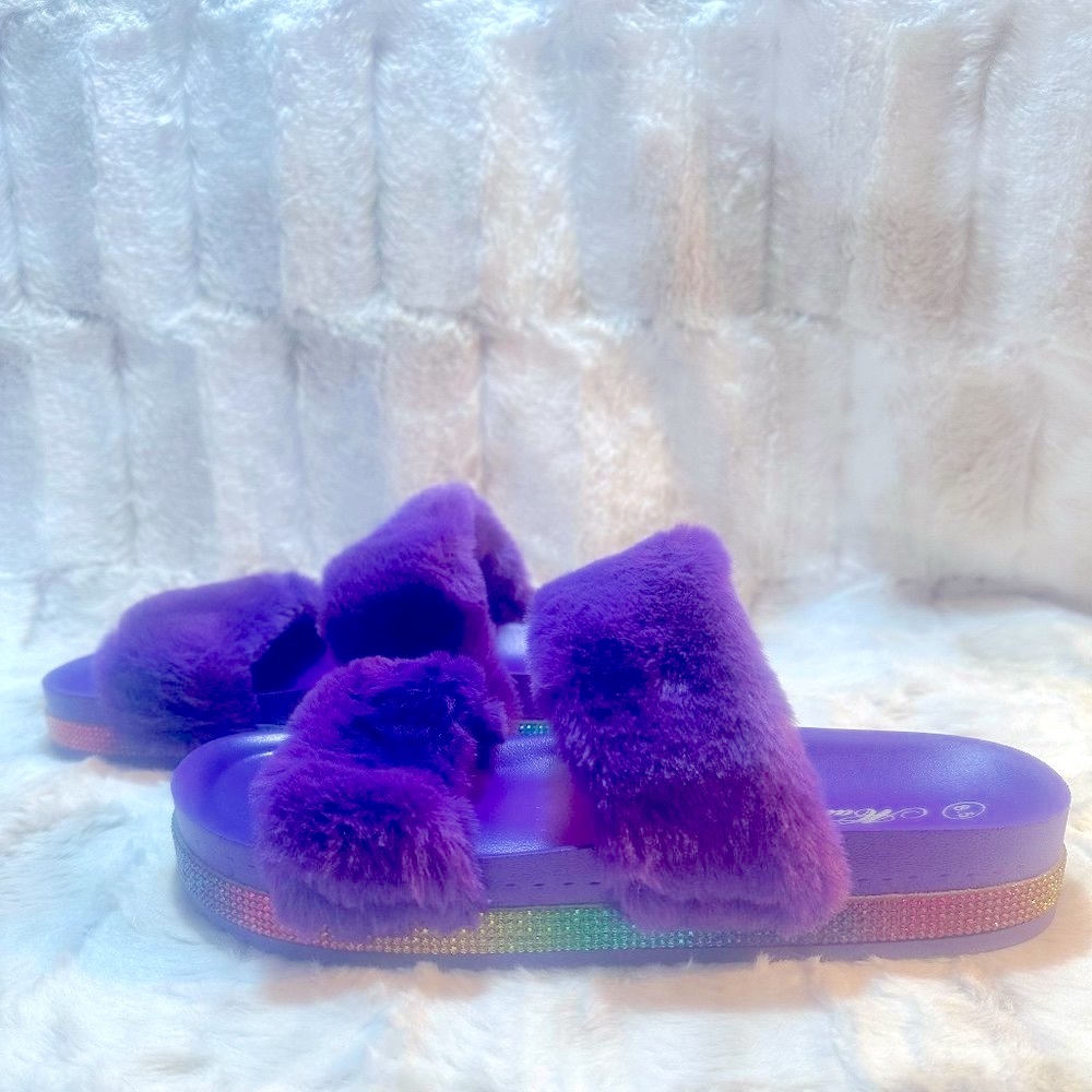 Purple Faux Fur Furry Double Strap Slide In Sandals - Picture 3 of 7